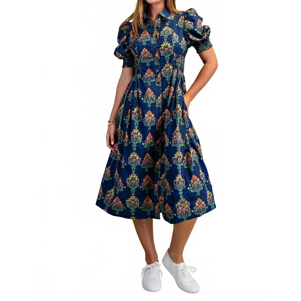 NEW GIGIO floral puff sleeve midi dress in navy